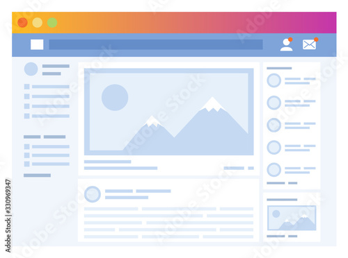 Newsfeed in social media network. Website with picture and content in feed. Blocks with info about user and notifications. Site for chatting and messaging, blogging and posting posts, vector