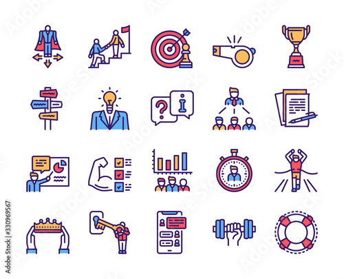 Mentoring linear color icon set. Coaching, sport coach, mentor and team work. Development concept
