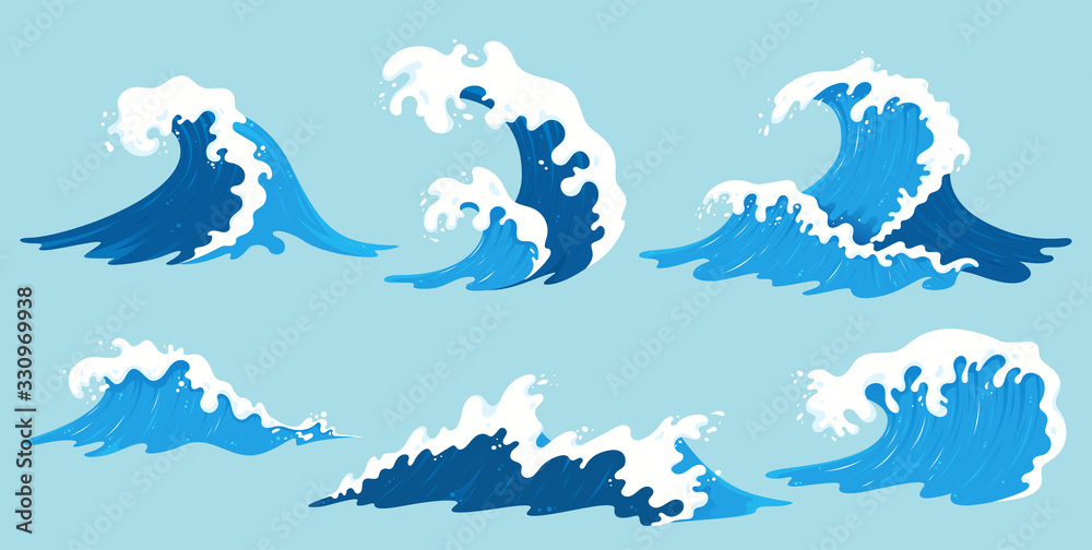 Vector sea waves collection. Illustration of blue ocean waves with white  foam. Isolated water splash set in cartoon style. Element for your design.  Stock Vector | Adobe Stock