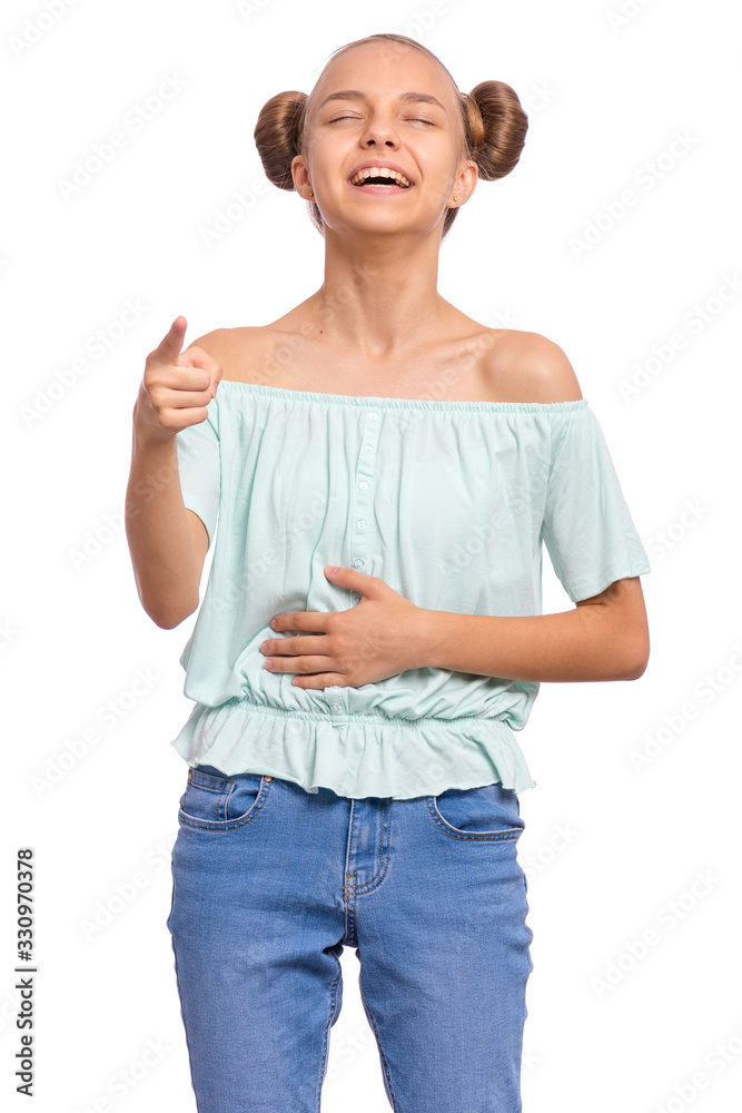 Φωτογραφία Portrait of happy smiling teen girl laughing at you, pointing finger to camera