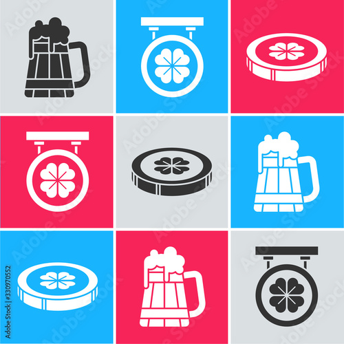 Set Wooden beer mug, Street signboard with four leaf clover and Gold coin with four leaf clover icon. Vector