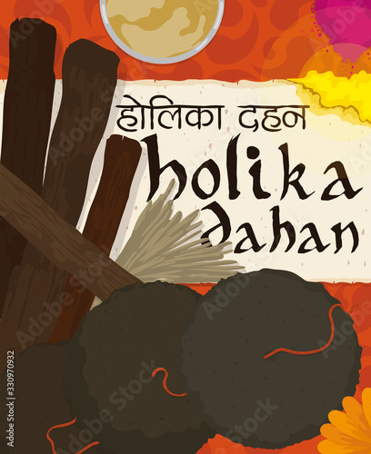 Ritual Elements to Perform the Holika Dahan, Vector Illustration