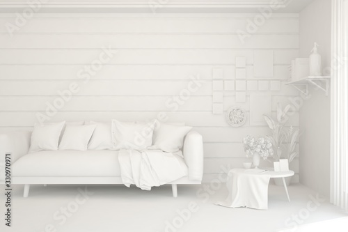 Mock up of minimalist living room in white color with sofa. Scandinavian interior design. 3D illustration