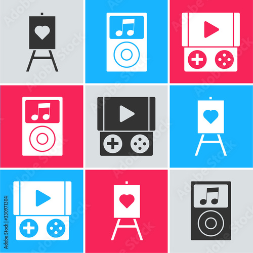 Set Wood easel or painting art boards, Music player and Portable video game console icon. Vector