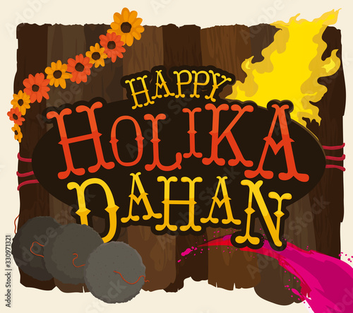 Wooden Sign with Elements and Greeting for Holika Dahan Celebration, Vector Illustration