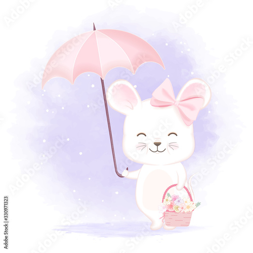 Cute mouse holding umbrella and flower basket hand drawn animal watercolor illustration © kheat
