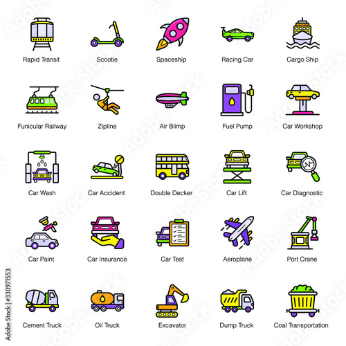 Travel and Transport Flat Outline Icons 