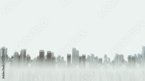 3D Rendering of mega city covered in mist foggy dust environment. Bad air pollution.
