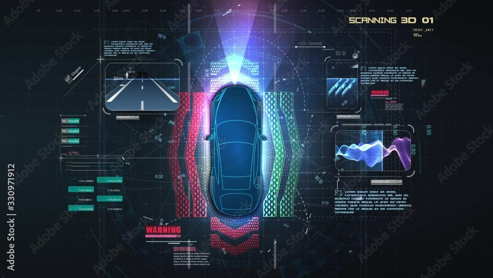 Automatic braking system avoid car crash from car accident. Concept for driver assistance systems. Autonomous car. Driverless car. Self driving vehicle. Future concepts smart auto. HUD, GUI, hologram