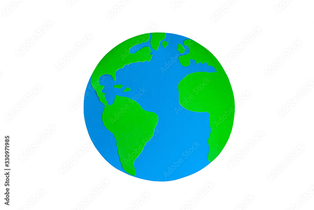 Paper craft Earth globe handmade on white background isolated. Blue oceans, green continents on the planet. Earth day concept. Mocup, copy space, clipart. Ecology global problem,saving the environment