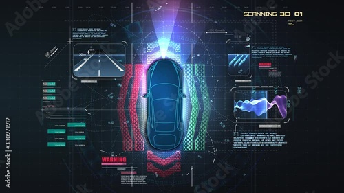 Automatic braking system avoid car crash from car accident. Concept for driver assistance systems. Autonomous car. Driverless car. Self driving vehicle. Future concepts smart auto. HUD, GUI, hologram