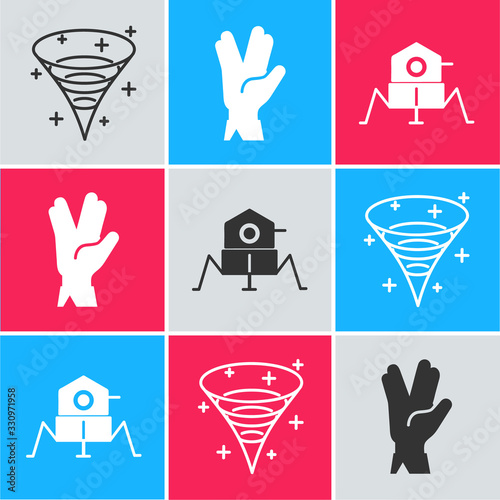 Set Black hole, Vulcan salute and Mars rover icon. Vector