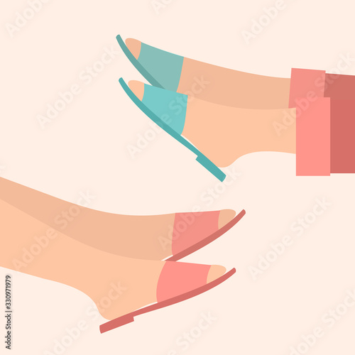 Flip flops for women. Slippers on the legs. Flat vector illustration of sandals.