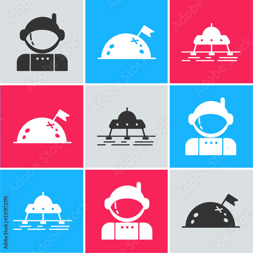 Set Astronaut, Planet with flag and Mars rover icon. Vector