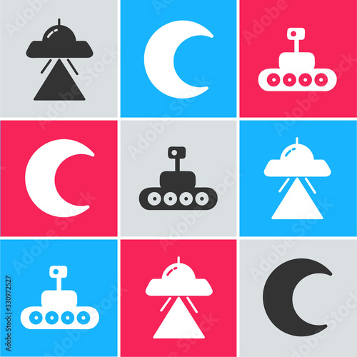 Set UFO flying spaceship, Moon and stars and Mars rover icon. Vector