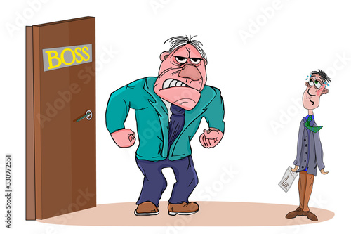 Angry boss with employee isolated on white background. Boss man character screams on worker. Boss or business leader feeling angry and blames his employee. Conflicts at work. Cartoon stock vector