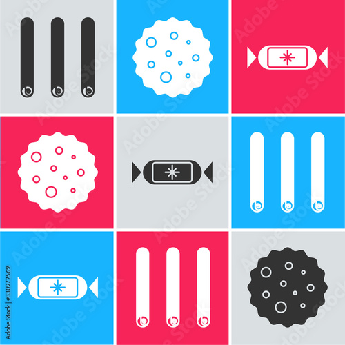 Set Three rolled sticks of cinnamon, Cookie or biscuit with chocolate and Candy icon. Vector
