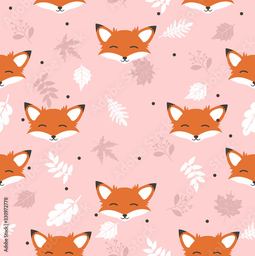 Cute fox with leaves decoration seamless pattern background