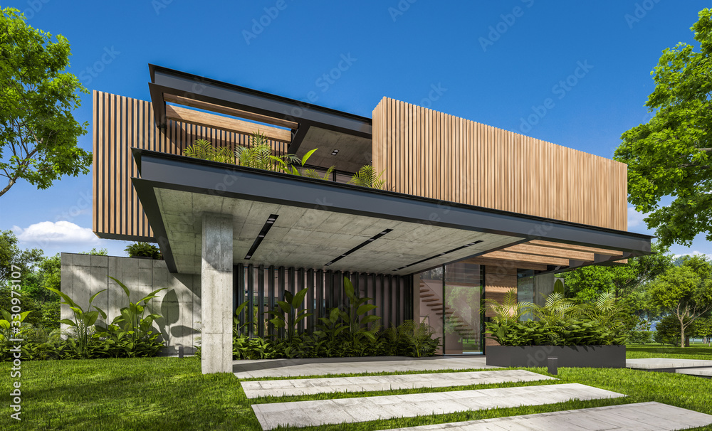 3d rendering of modern cozy house with parking and pool for sale or rent with wood plank facade and beautiful landscaping on background. Clear sunny summer day with blue sky. 3d rendering of modern cozy house with parking and pool for sale or rent with wood plank facade and beautiful landscaping on background. Clear sunny summer day with blue sky.