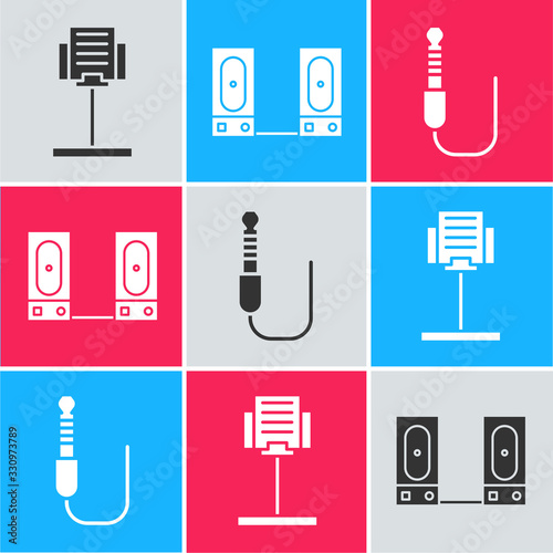 Set Music stand, Stereo speaker and Audio jack icon. Vector