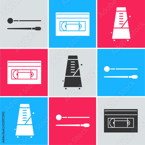 Set Drum sticks, VHS video cassette tape and Metronome with pendulum in motion icon. Vector