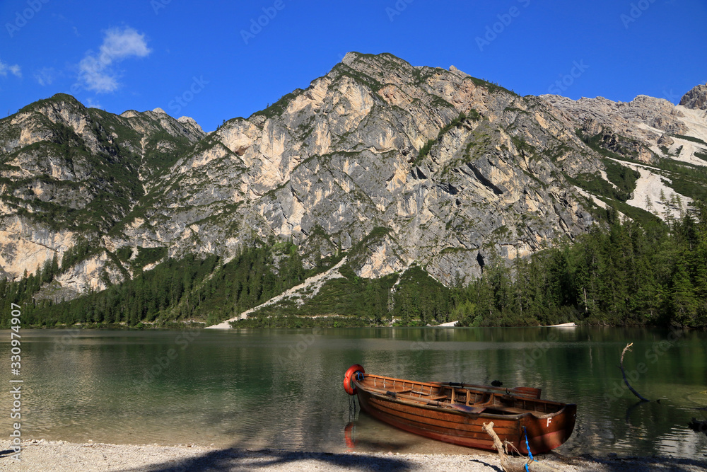 Lake Braies, mountain lake in Prags Dolomites in South Tyrol, Italy