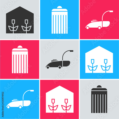 Set Home greenhouse and plants, Trash can and Lawn mower icon. Vector