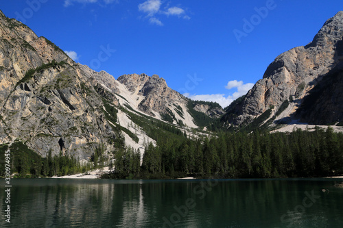 Lake Braies, mountain lake in Prags Dolomites in South Tyrol, Italy