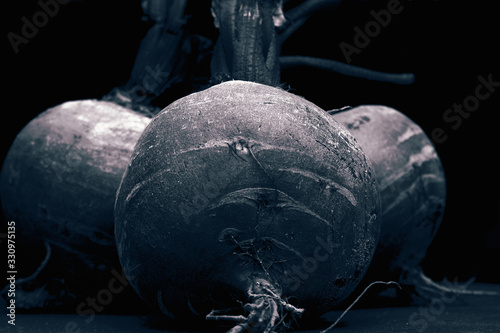 Beetroot freshly picked on a dark background. Abstract image with colour toning