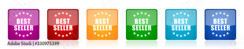 Best seller icon set, colorful square glossy vector illustrations in 6 options for web design and mobile applications