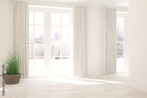 Mock up of empty living room in white color with winter landscape in window. Scandinavian interior design. 3D illustration © AntonSh
