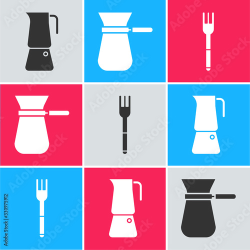 Set Moka pot, Coffee turk and Fork icon. Vector