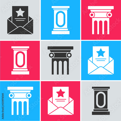 Set The arrest warrant, Stage stand or debate podium rostrum and Law pillar icon. Vector