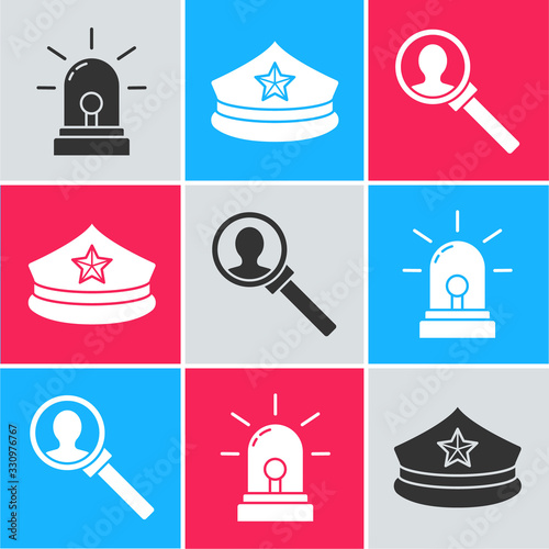 Set Flasher siren, Police cap with cockade and Magnifying glass for search icon. Vector
