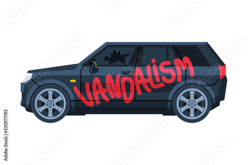 Graffiti Vandalism Word Sprayed on Car, Auto Accident Flat Vector Illustration