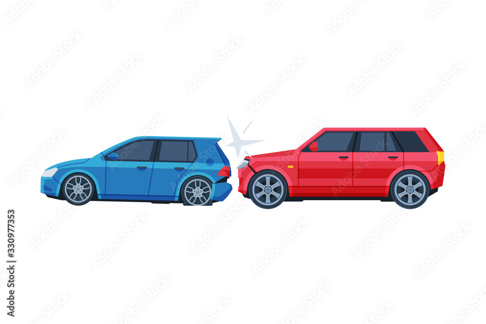 Two Cars Involved in Car Wreck, Auto Accident Flat Vector Illustration