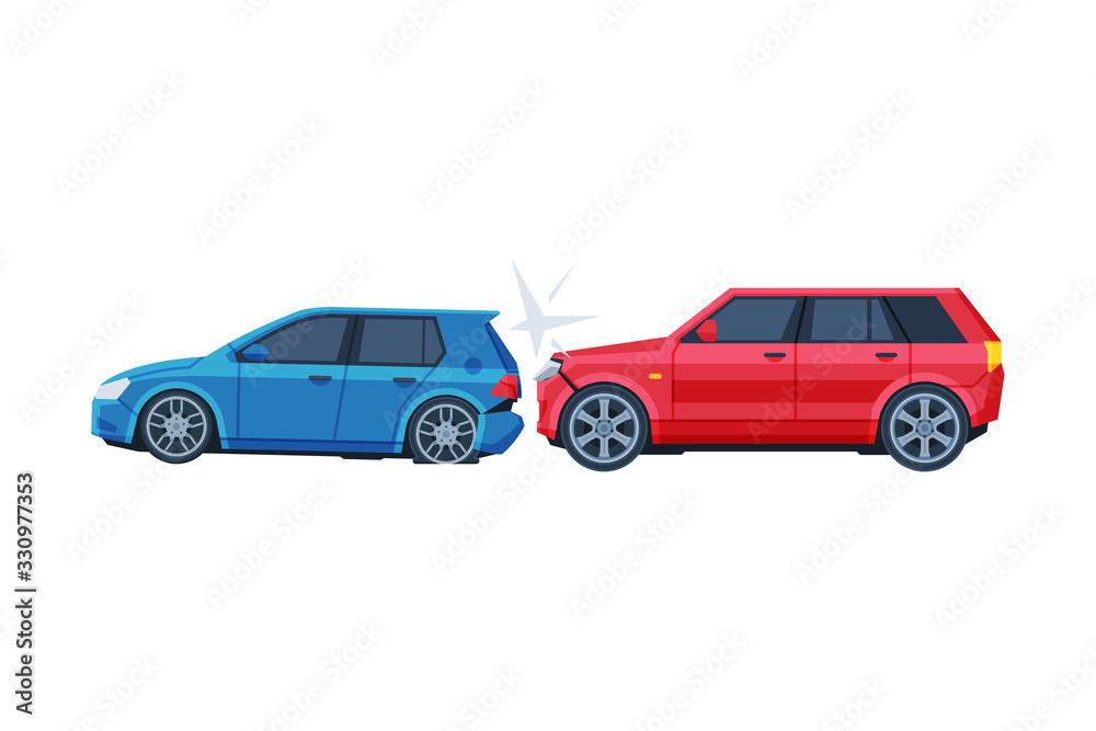 Two Cars Involved in Car Wreck, Auto Accident Flat Vector Illustration Two Cars Involved in Car Wreck, Auto Accident Flat Vector Illustration