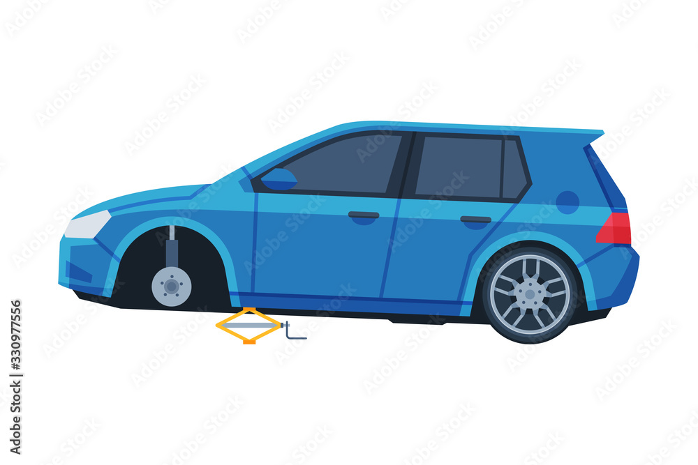 Tire Wheel Changing, Blue Wheelless Car, Auto Service, Road Accident Flat Vector Illustration