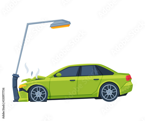 Car Crashed into Lamppost, Auto Accident Flat Vector Illustration