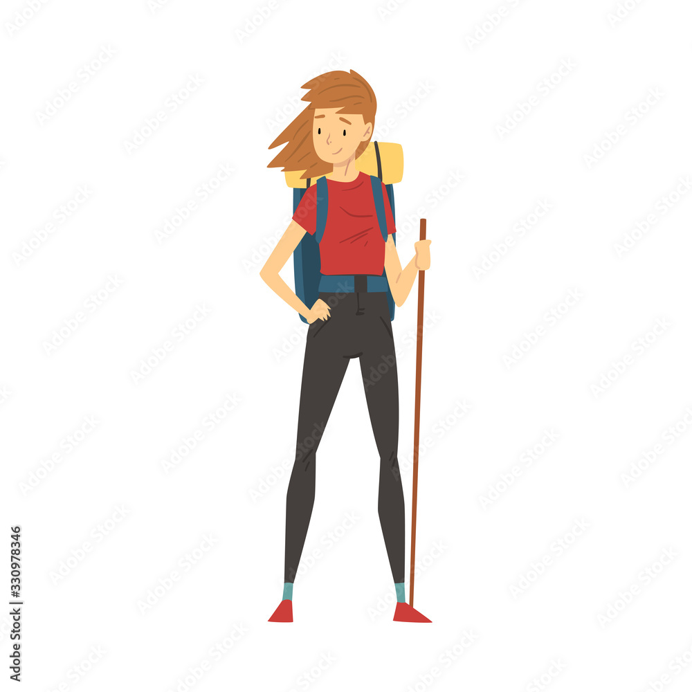 Young Woman Wearing Sportive Clothes Standing with Hiking Backpack on the Road Vector Illustration Young Woman Wearing Sportive Clothes Standing with Hiking Backpack on the Road Vector Illustration