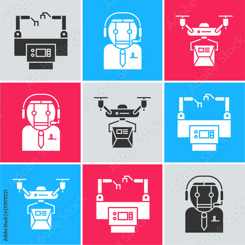 Set Assembly line, Worker robot and Drone delivery concept icon. Vector