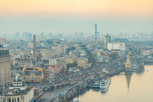 Scenic view over Kiev and the Dnieper River on overcast day