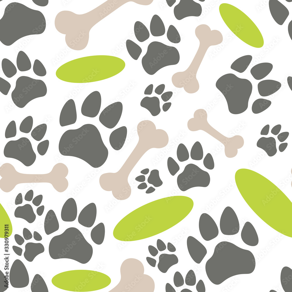 Fototapeta premium Pets paw pattern. Bones, flying saucer and animal footsteps seamless texture. Pet store background. Vector illustration.