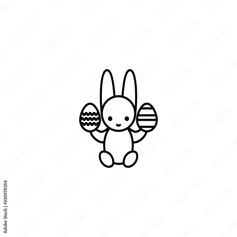Easter bunny holding decorated eggs. Thin line vector icon, linear graphic symbol isolated on white. Holiday