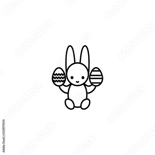 Easter bunny holding decorated eggs. Thin line vector icon, linear graphic symbol isolated on white. Holiday