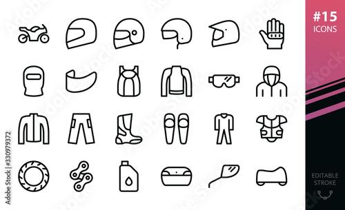 Motorbike clothing and motorcycle equipment icons set. Set of flip up helmet, motorcycle jackets, pants, jeans, trunk box, knee protectors, bike chain, moto wear, gloves and parts isolated icon