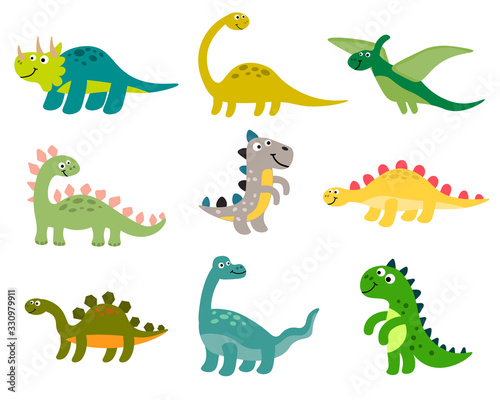 Cute cartoon dinosaurs set in flat style isolated on white background. Vector illustration.  