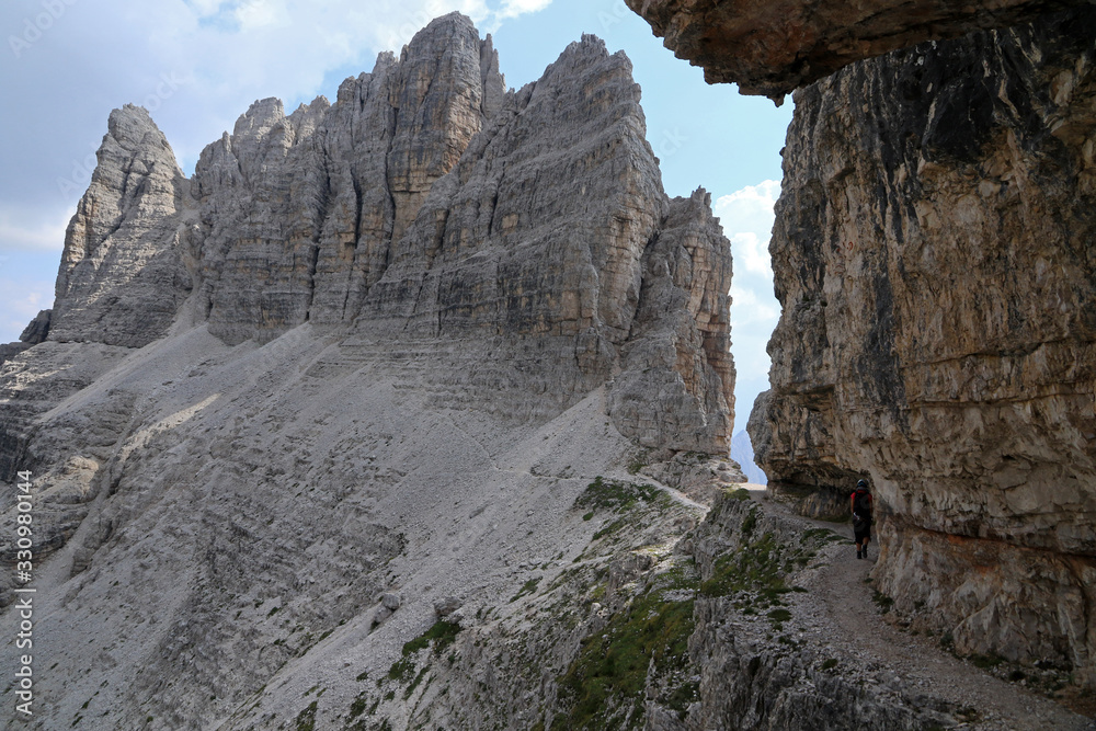 Via ferrata - iron path called Innerkofler, Mount Paterno, Dolomites, Italy