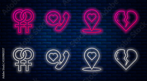 Set line Telephone with heart speech bubble, Map pointer with heart, Female gender symbol and Broken heart or divorce. Glowing neon icon on brick wall. Vector