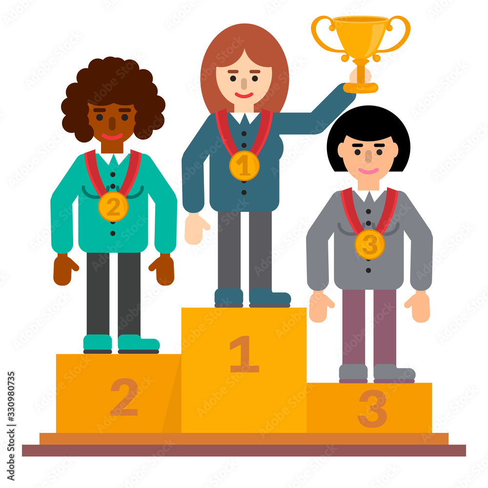 Successful, smiling, young, happy business women standing on the victory podium holding a winning trophy and medals in flat style. Partnership and teamwork in business concept. Vector illustration. Successful, smiling, young, happy business women standing on the victory podium holding a winning trophy and medals in flat style. Partnership and teamwork in business concept. Vector illustration.